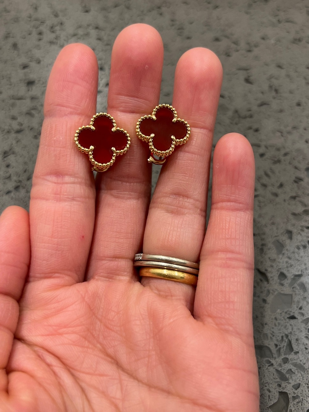 Gold Clover Drop Earrings with Red Enamel (New)